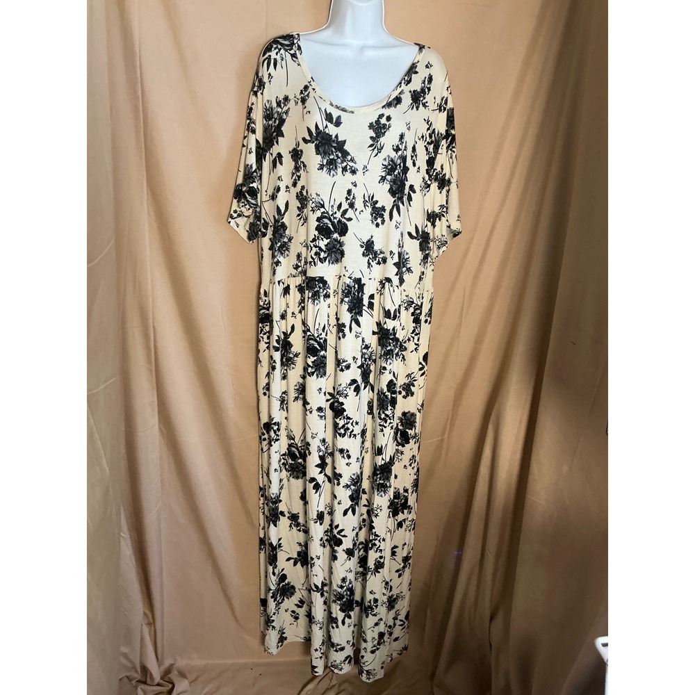 Longyuan Maxi Dress Womens 5XL Cream Black Exc Floral Empire Waist Short Slv